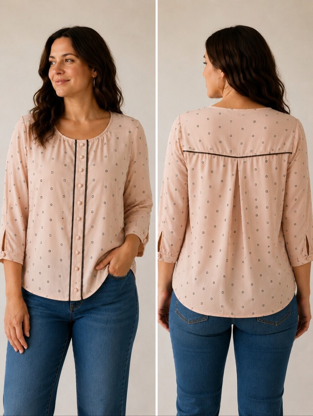 LC Lauren Conrad Tiny Apple Printed Blush Blouse Women's Small S Faux Button Top